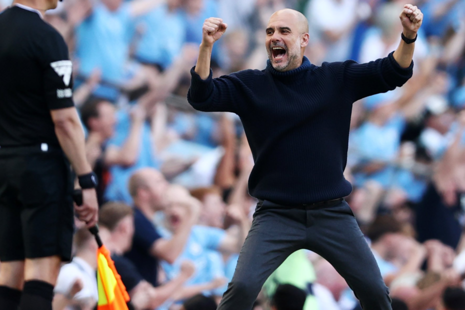 Pep Guardiola celebrates on the final day against West Ham United