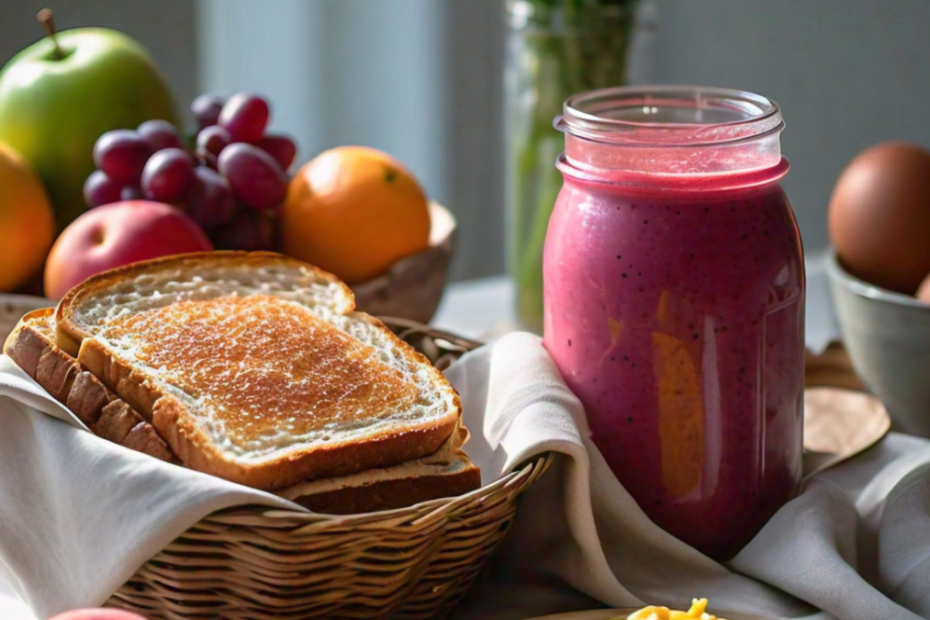 A breakfast table filled with nutritious options like whole-grain toast, scrambled eggs, fruit, and a smoothie.