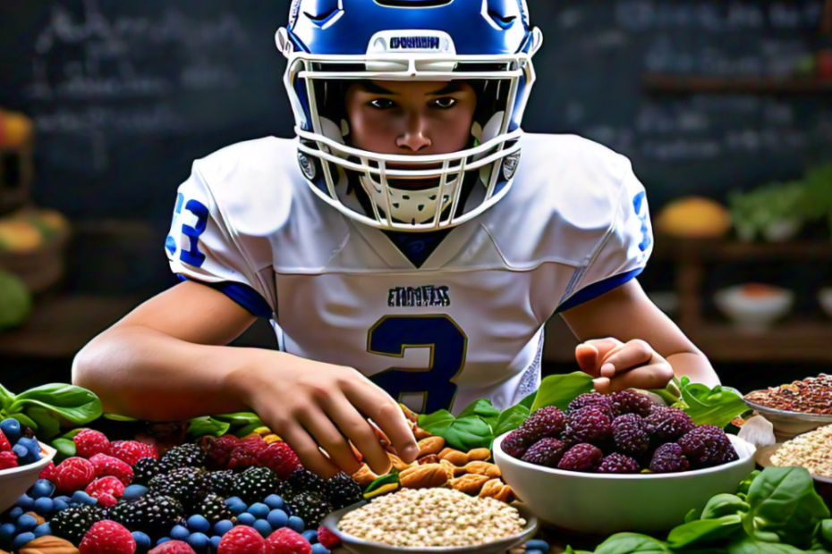 A colorful spread of superfoods such as berries, spinach, quinoa, and almonds on a table. A young football player in uniform is about to grab a healthy snack