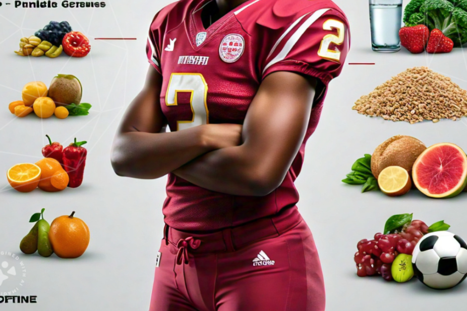 image featuring two sides: one side showing common nutrition myths, such as sugary snacks and energy drinks, and the other showing healthy, balanced alternatives like fruits, water, and whole grains. In the center, a young football player making a thoughtful choice, highlighting the contrast between misconceptions and proper nutrition.