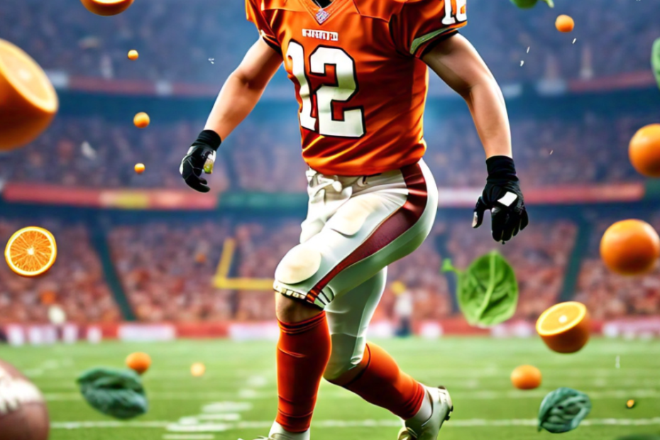 A vibrant football field scene with a young player mid-action, surrounded by visual representations of key vitamins and minerals (like vitamin C from oranges, calcium from milk, and iron from spinach). Include icons or small illustrations of these nutrients in the background, emphasizing their role in enhancing strength, endurance, and overall performance.