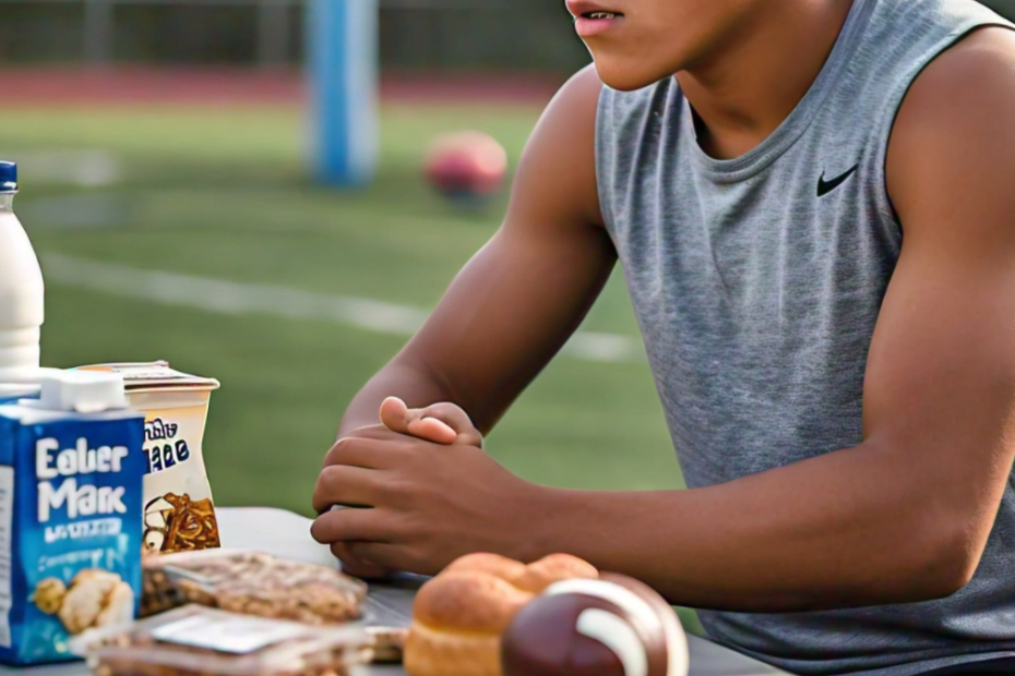 A young football player sitting at a table with allergy-friendly foods like gluten-free bread, dairy-free milk, and nut-free snacks.