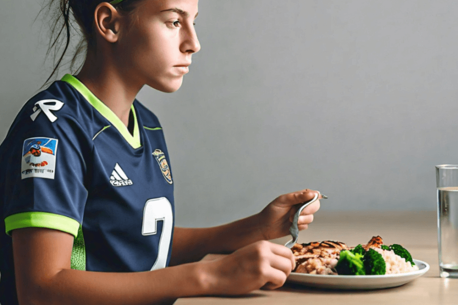 a young footballer eating a balanced meal with protein, carbohydrates, and vegetables, highlighting the importance of a nutritious diet