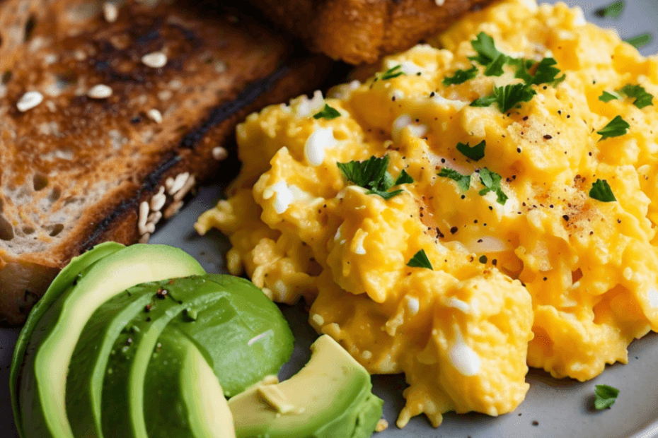 : A plate featuring fluffy scrambled eggs, two slices of whole grain toast, and avocado slices