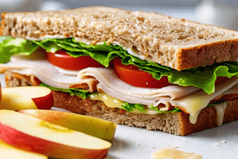 A whole grain sandwich with turkey slices, cheese, lettuce, and tomato, served with a side of apple slices.