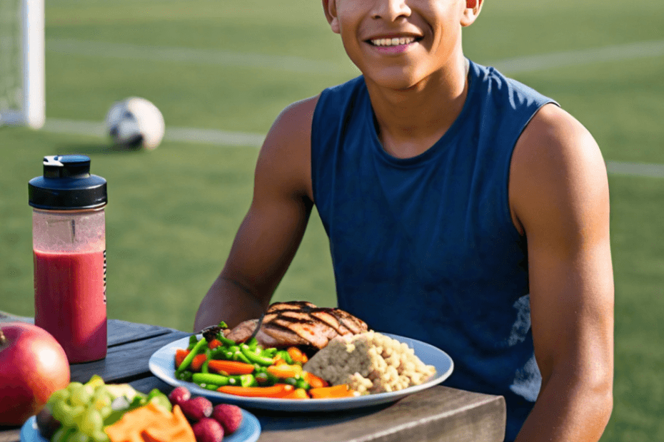 An image showing a healthy post-game meal setup on a table, featuring items like grilled chicken, mixed vegetables, quinoa, fresh fruit, and a smoothie. Include a young athlete in sports attire sitting by the table, smiling and ready to enjoy the meal. Background elements could include sports equipment like a soccer ball or running shoes, symbolizing athletic recovery.