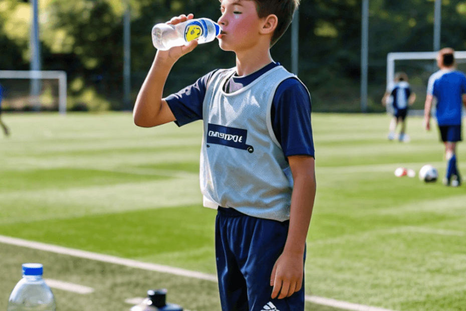 A young footballer in action on the field, holding a water bottle and taking a sip during a break. Surrounding elements include a shaded bench with a variety of drinks like water, electrolyte-rich sports drinks, and a fruit-infused water bottle. The background could show a football field with goalposts and teammates practicing, emphasizing the importance of staying hydrated.