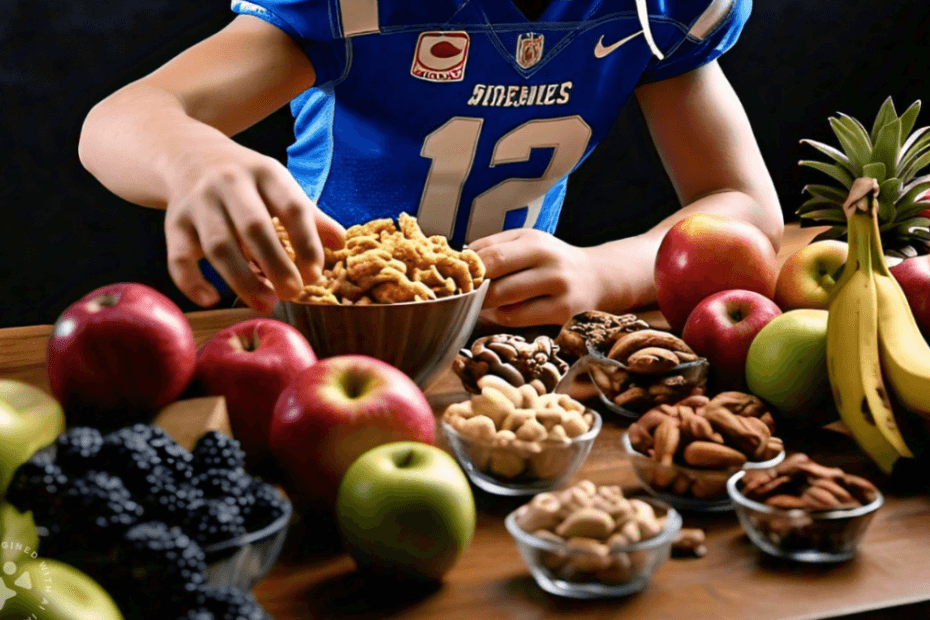 an image of a display of healthy snacks on a table, featuring items like sliced fruits, veggie sticks with hummus, yogurt, granola bars, and nuts. Include a young football player in uniform reaching for a snack