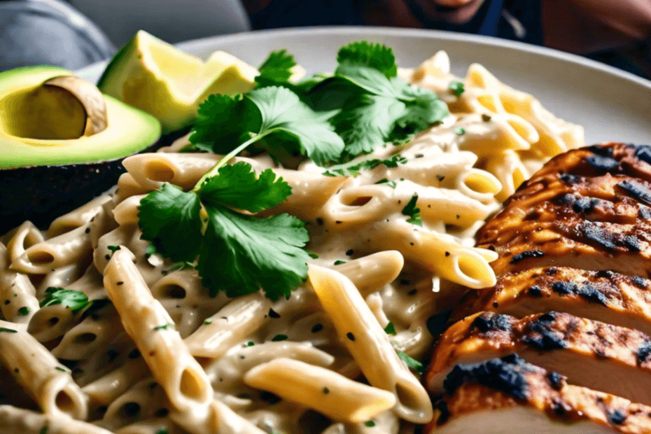 I need you to generate an image of pasta, chicken, and avocados. Include a young athlete engaged in sports activities in the background.