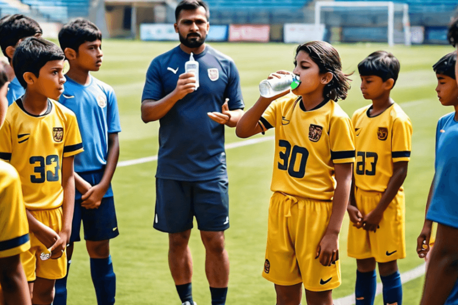 A young football team gathered before a tournament, with a coach explaining a hydration plan. One player is drinking water, while another has a sports drink.