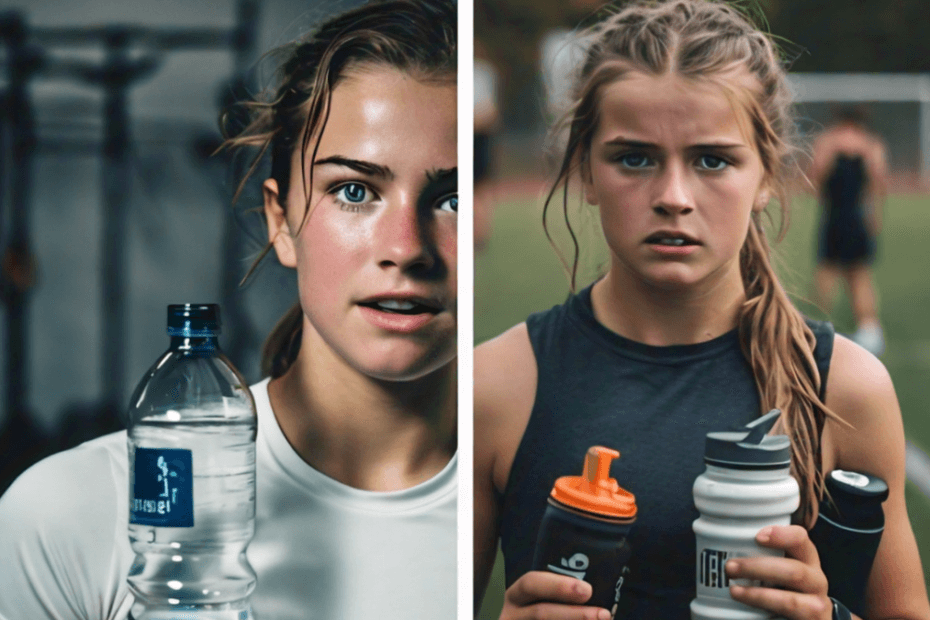 A split image showing two scenarios: on one side, a young athlete drinking plain water, looking refreshed and energized; on the other side, the same athlete holding a sports drink with a puzzled expression