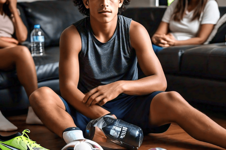 A young footballer relaxing at home during the off-season, surrounded by sports gear and a water bottle