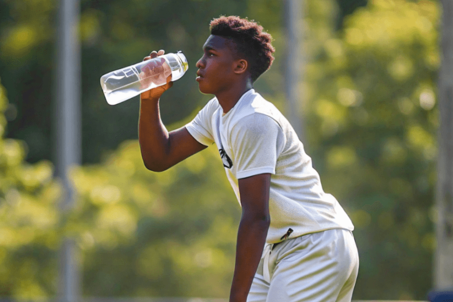 A young athlete practicing football under the hot sun, pausing to drink from a water bottle.