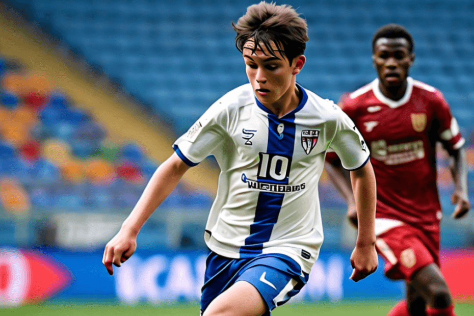 A young football player confidently dribbling the ball past an opponent, with a determined expression on their face. The background could be a vibrant green field with a stadium in the distance