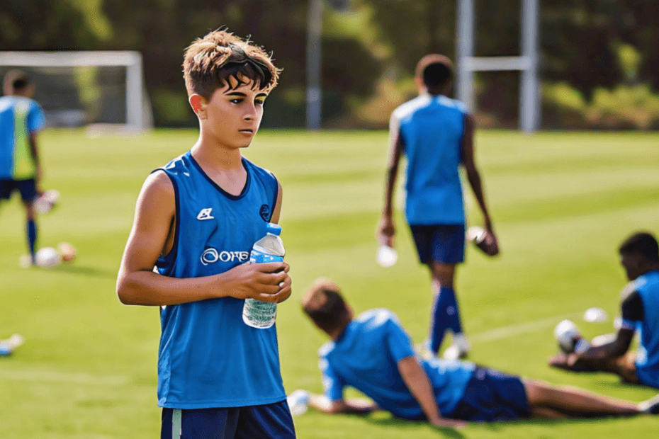 A young footballer standing on a field, holding a water bottle, with a visual overlay showing water intake guidelines based on age and activity level. In the background, teammates are seen practicing under the sun, emphasizing the importance of proper hydration.