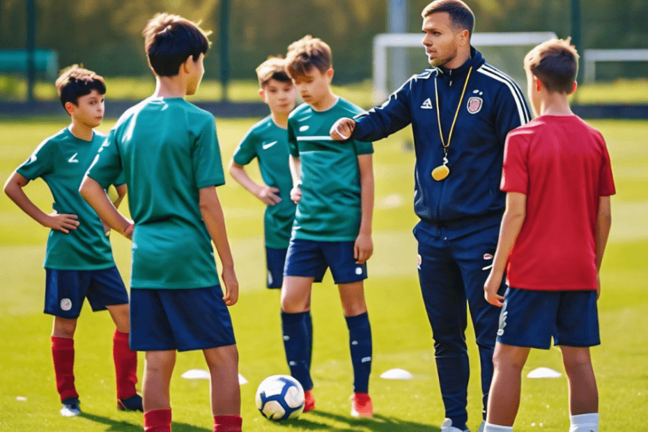 A young football (soccer) coach interacting with a group of players on a training field, demonstrating a drill or providing guidance. The image should convey a sense of teamwork, enthusiasm, and mentorship.