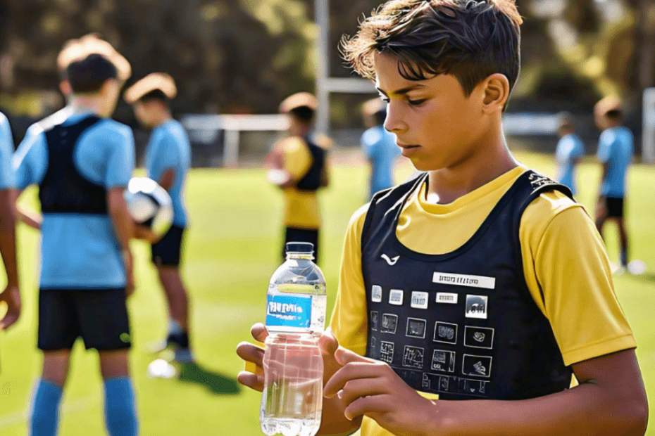 A young footballer preparing for training, drinking from a water bottle while tying their shoes on the sidelines.