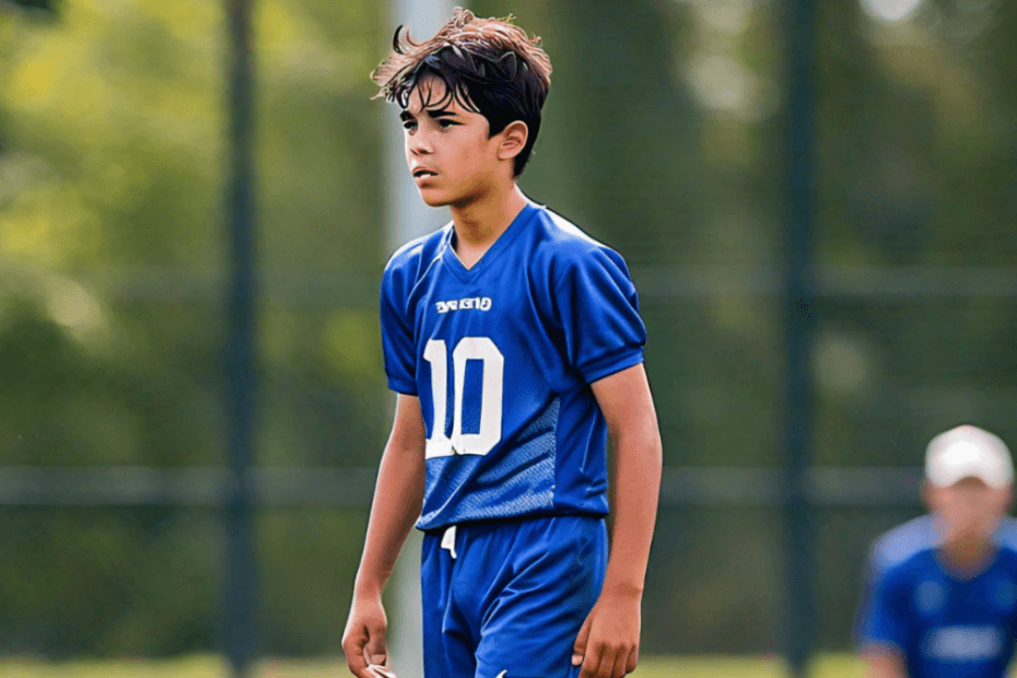 A young football player confidently scanning the field, assessing the positions of teammates and opponents. The image should convey a sense of awareness, anticipation, and strategic thinking.