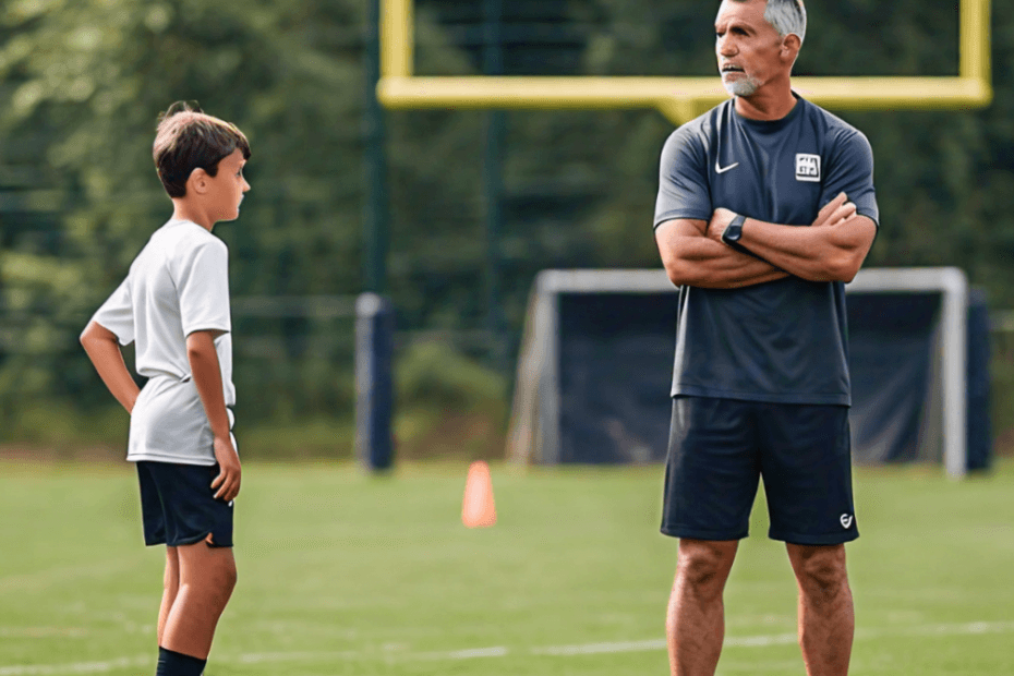 A football coach observing a young player during practice, analyzing their performance and providing feedback. The image should convey a sense of mentorship, guidance, and evaluation.