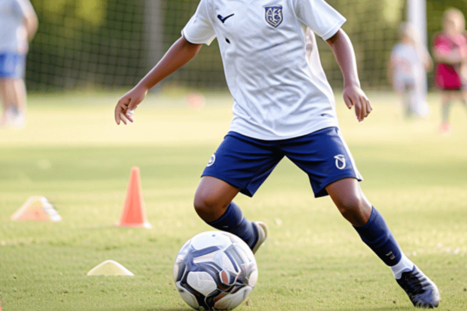 A young soccer player practicing dribbling around cones on a sunny field. The player is wearing a soccer uniform and is focused on their technique.