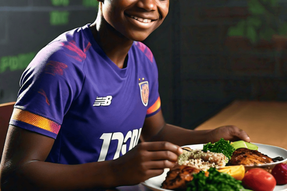 A young female footballer in uniform enjoying a balanced meal featuring lean protein, leafy greens, and whole grains.