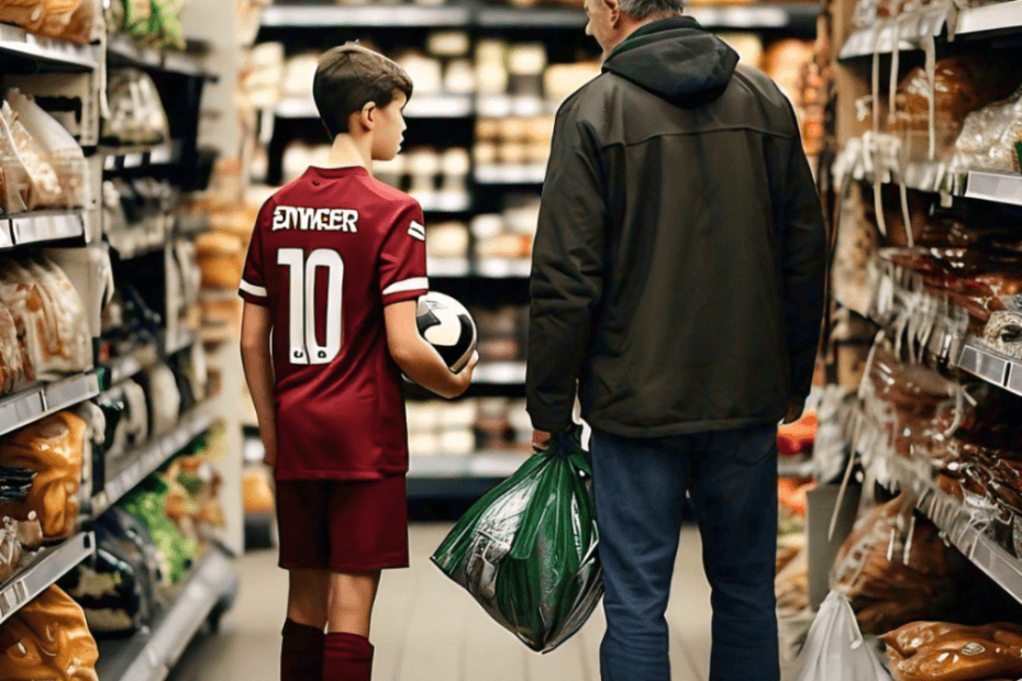 A young footballer and a parent standing in a grocery aisle, examining a food label on a healthy product like a granola bar or juice