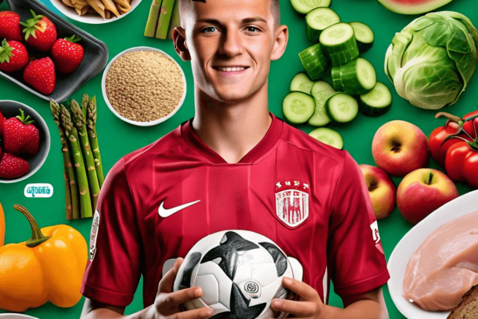 A vibrant collage featuring seasonal foods suitable for young footballers, such as fresh fruits and vegetables, whole grains, and lean proteins for each season