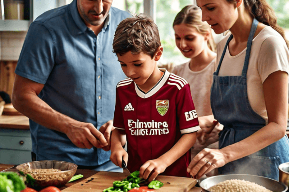 A family in a bright, cheerful kitchen preparing a healthy meal together, with ingredients like colorful vegetables, whole grains, and lean proteins spread out on the counter. Include a young footballer wearing a jersey, actively participating in the cooking process,