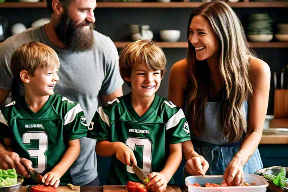 A well-organized kitchen countertop filled with colorful meal prep containers, fresh ingredients like vegetables, lean proteins, and whole grains. Include a family of four—parents and two young footballers—happily preparing meals togethe