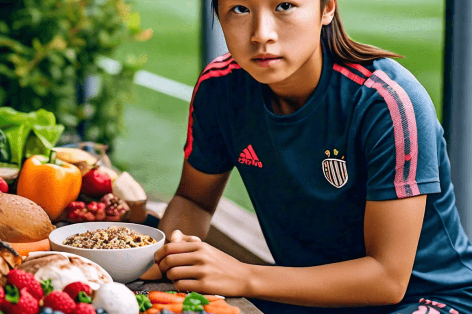 A young footballer in training gear sitting at a table filled with a variety of nutritious foods such as fruits, vegetables, lean proteins, and whole grains.