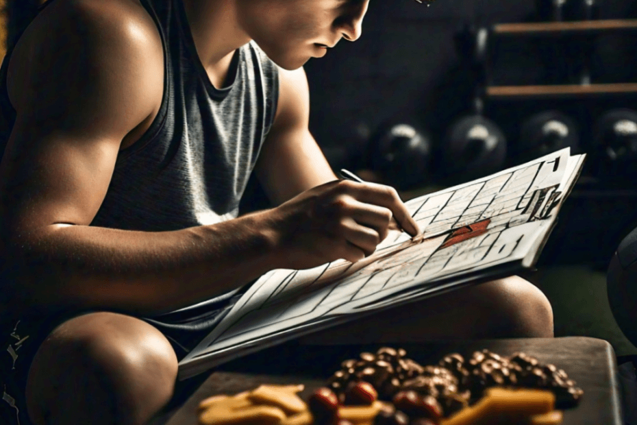 A young athlete, deep in thought, studying a sports playbook or strategy chart while enjoying a healthy snack like nuts and fruits