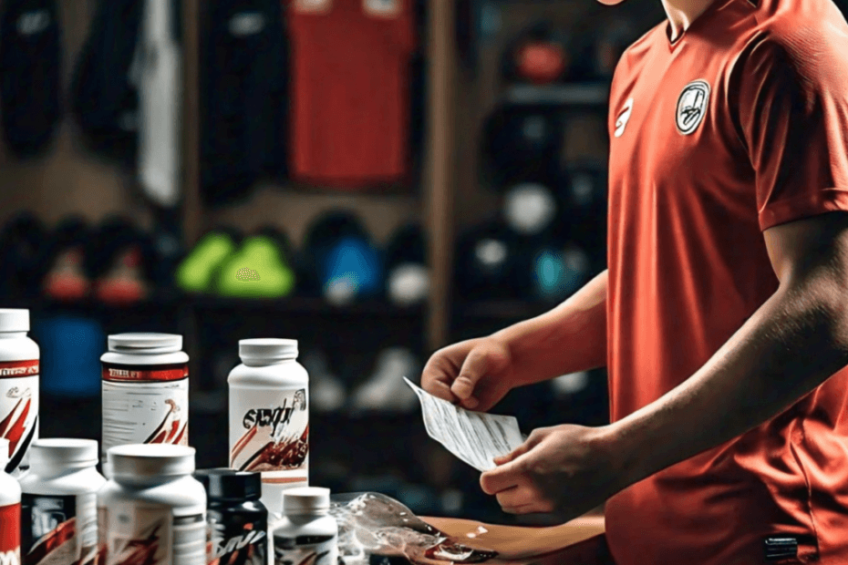 A young footballer in training gear reading the labels on various sports supplements displayed on a table.