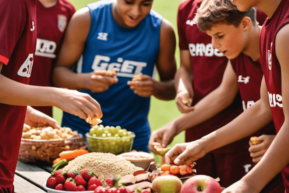 A group of young footballers gathered around a picnic table, happily sharing and enjoying a variety of healthy foods like fruits, vegetables, and whole grains.