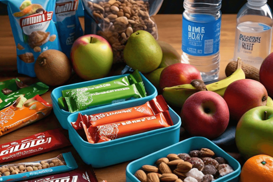 A colorful game day nutrition kit spread out on a table, featuring healthy snacks like energy bars, fruit, nuts, and hydration options like water and electrolyte drinks