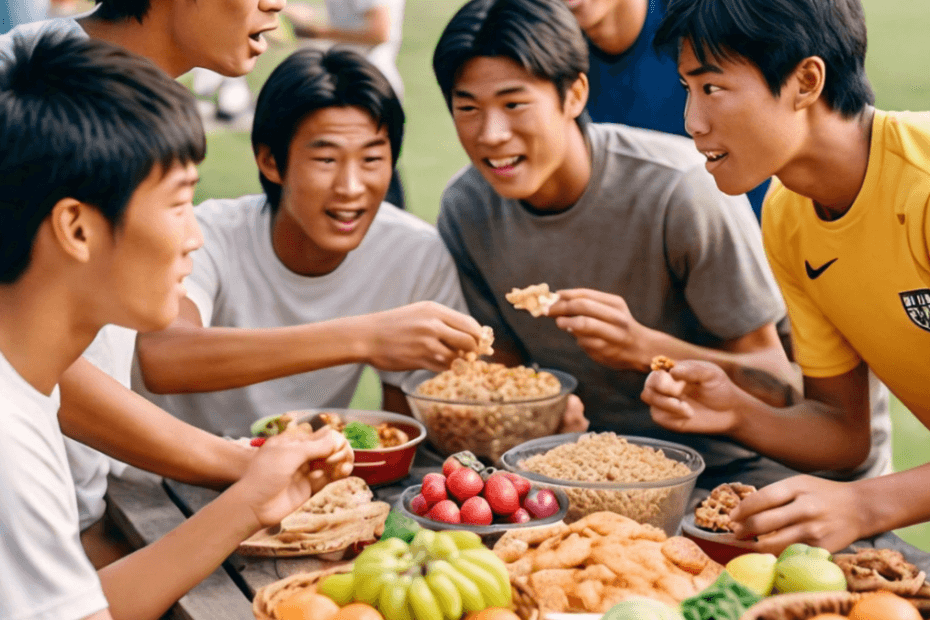 A young footballer relaxing at home, surrounded by a variety of nutritious foods such as lean proteins, whole grains, and colorful fruits and vegetables. Include a football in the background, symbolizing the off-season while emphasizing healthy eating habits for continued fitness and preparation for the next season