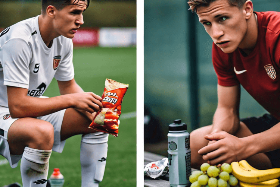 A split image showing two scenarios: on one side, a young footballer consuming unhealthy snacks like chips and soda, looking tired; on the other side, the same athlete enjoying nutritious foods like fruits and whole grains, appearing energized and ready to play