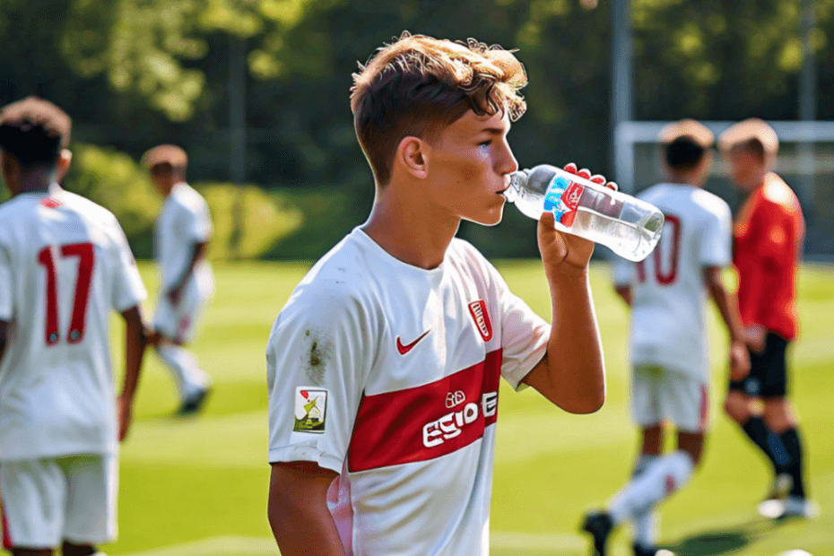 A young footballer drinking from a water bottle on the sidelines of a football field, with teammates playing in the background. The sun shines overhead, emphasizing the importance of hydration.