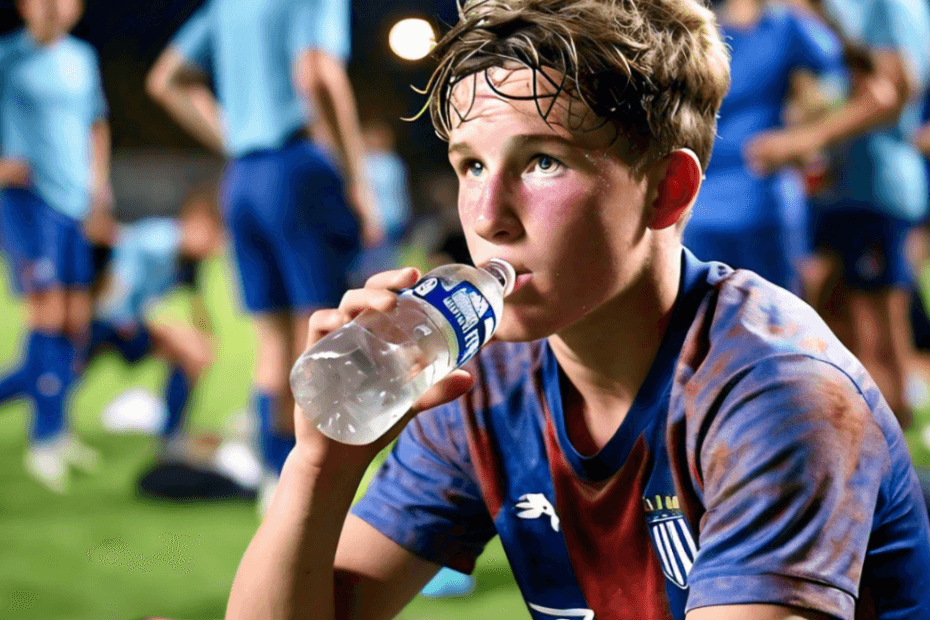 A young footballer drinking from a bottle labeled 'electrolyte drink' during a break on the field.