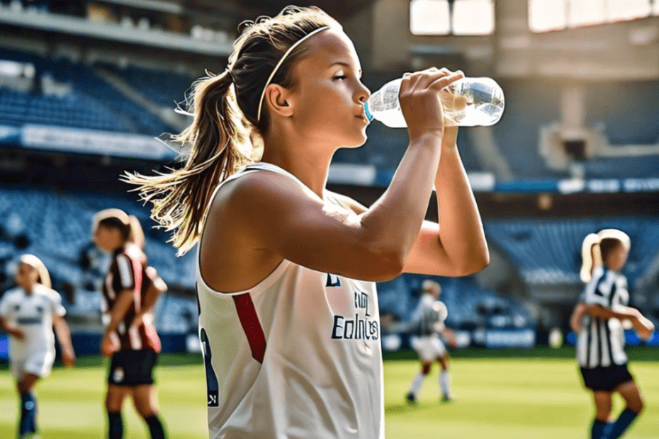 A young athlete sitting on the sidelines, looking fatigued and holding their head, with a water bottle nearby. In the background, show a football field with players actively engaged in practice.