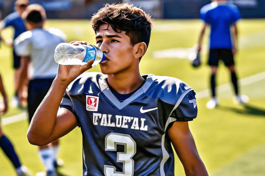 A young athlete sitting on the sidelines, looking fatigued and holding their head, with a water bottle nearby. In the background, show a football field with players actively engaged in practice.